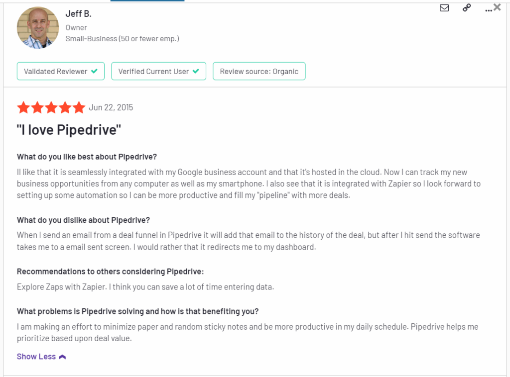 Positive review of Pipedrive CRM as per G2