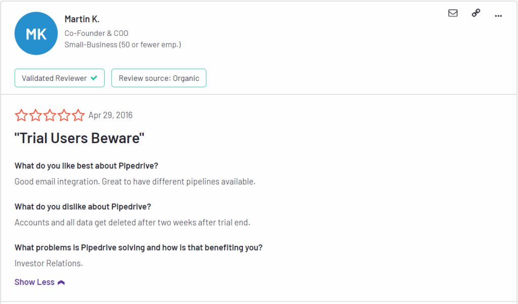 Negative review of Pipedrive CRM as per G2