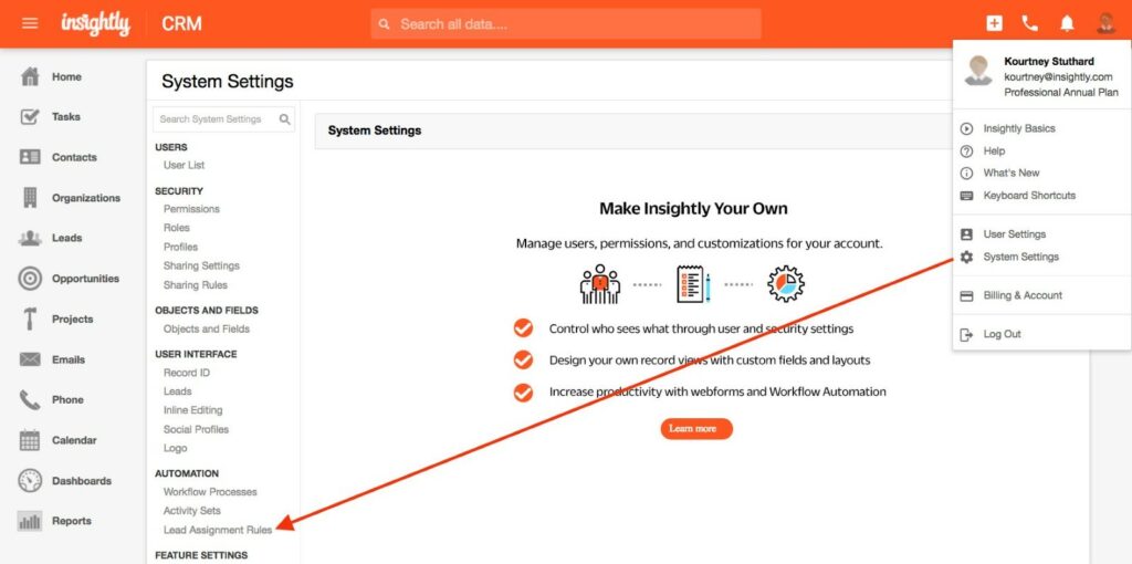 Lead assignment and routing feature of Insightly CRM