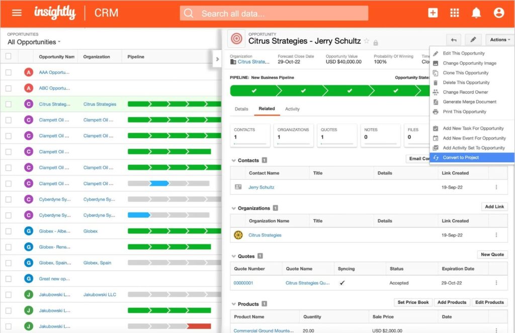 Customizable sales process feature of Insightly CRM