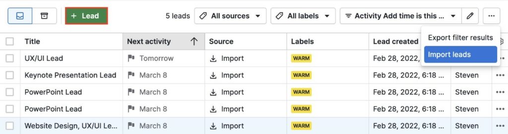 Pipedrive leads inbox feature