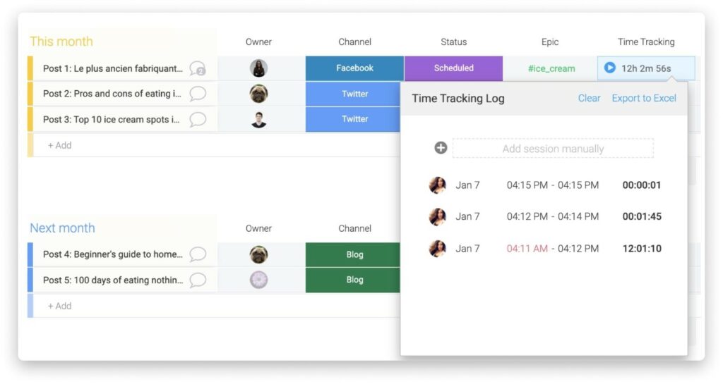 Time tracking feature of Monday sales CRM