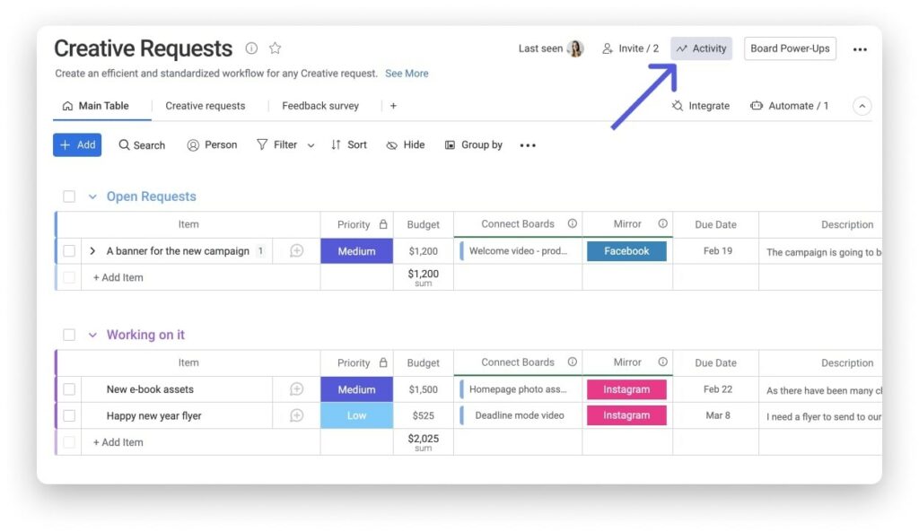 Activity tracking feature of Monday sales CRM