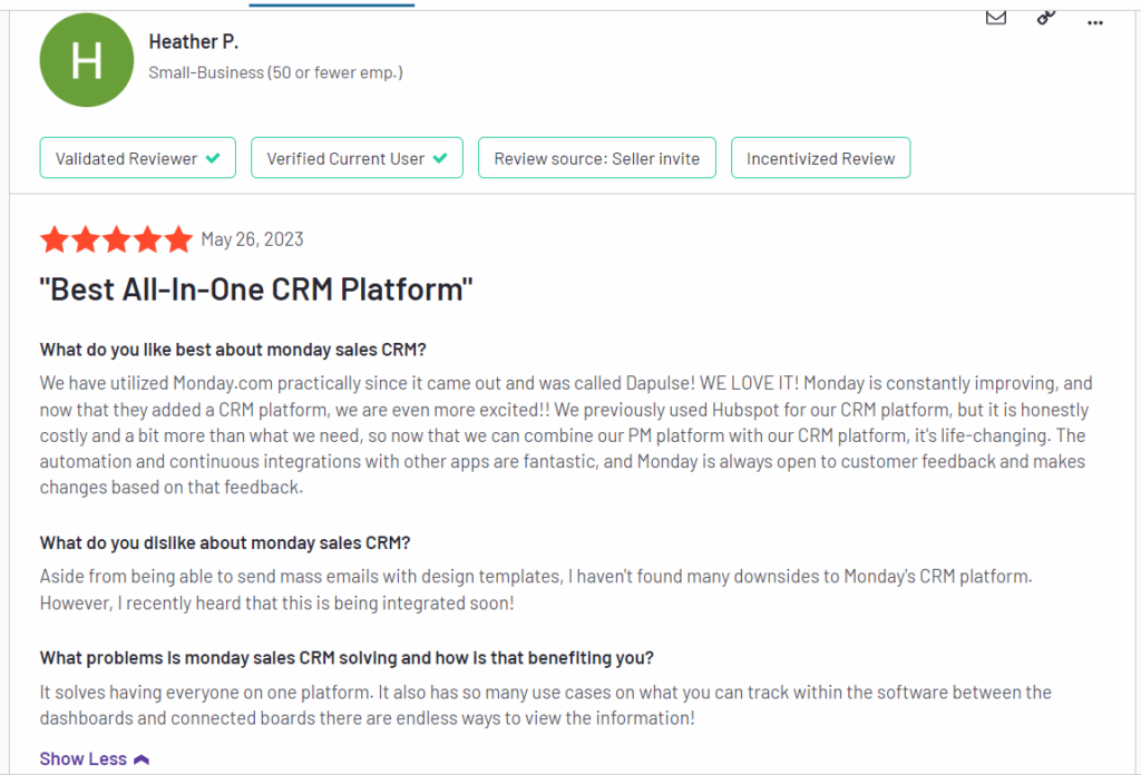 Positive review of Monday sales CRM  
